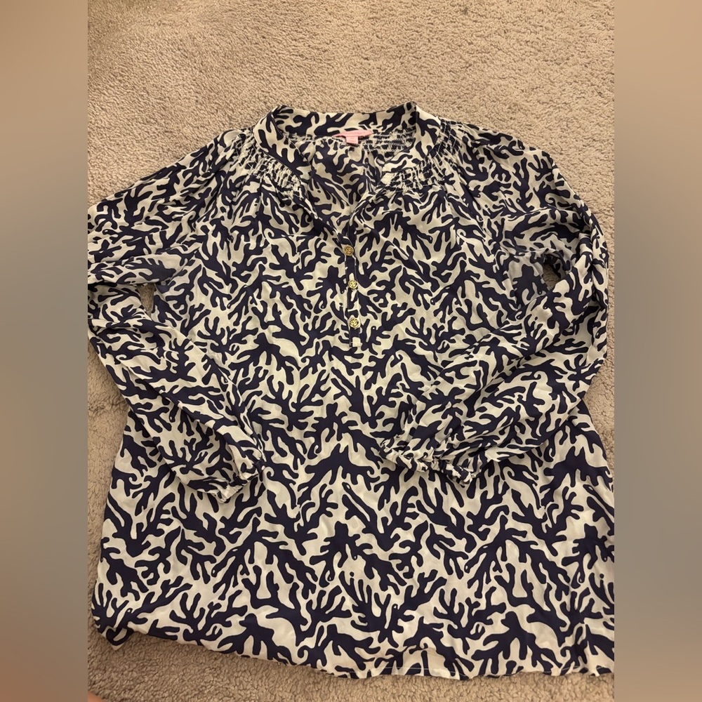 Lilly Pulitzer Elsa Silk Blouse blue coral design
